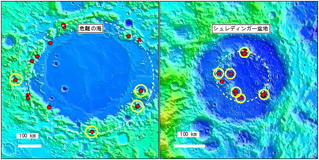 衝突盆地周囲でのカンラン石サイトの分布例