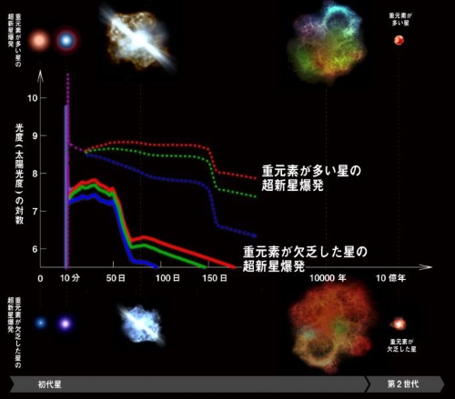 超新星爆発の各段階の想像図とシミュレーションで示された光度変化