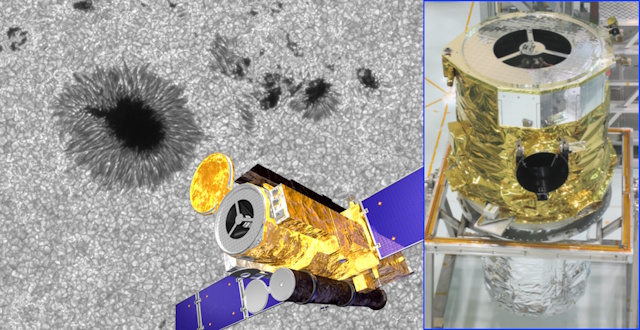 太陽観測衛星「ひので」のイラストと可視光太陽望遠鏡の写真 太陽観測衛星「ひので」のイラストと可視光太陽望遠鏡の写真
