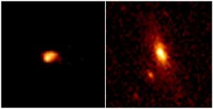 発見された2型クエーサー。左＝チャンドラによるX線画像／右＝ハッブルによる可視光画像