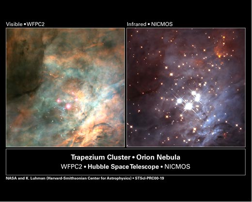 HSTがとらえたトラペジウム星団。左は可視光、右は近赤外線による観測