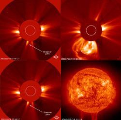 （SOHOの捉えた太陽の質量放出（CME）のようすと変化する磁場構造の画像）