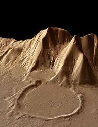 （火星の4km級の高さの山付近に見られる氷河の移動の3D画像）