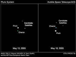 （発見された衛星候補天体2つと冥王星、衛星カロンの画像） 