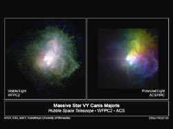 VY CMa、可視光および偏光疑似色の画像