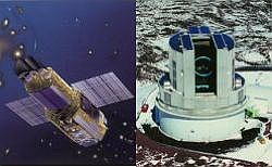（（左）観測を行うX線天文衛星「すざく」の想像図と（右）「すばる」望遠鏡の写真）