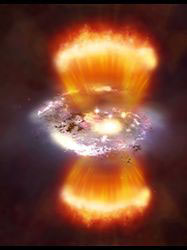 （初期宇宙の銀河で起きていた大規模なガスの噴出の想像図）