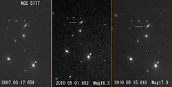 （（左）2007年3月のNGC 5177周辺の画像、（中、右）超新星2010crの発見画像）
