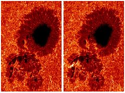 （「ひので」がとらえたフレア発生前（左）と発生中（右）の太陽面