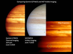 （（左から）木星の赤外線画像、可視光画像、閃光現象が起きた領域周辺の拡大（赤外線）画像）