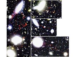 （かみのけ座銀河団の中の銀河から流れ出す電離水素ガスの画像）