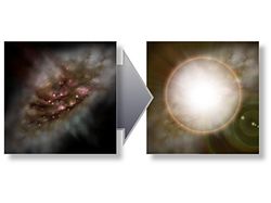 （（左）モンスター銀河の想像図と（右）モンスター銀河の中心部に出現するクエーサーの想像図）