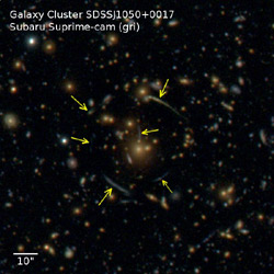 解析に用いられた銀河団。矢印は強い重力レンズ効果により引き伸ばされて見える遠方銀河