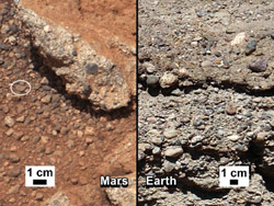 火星で見つかった丸い小石と、地球で見られる類似のもの