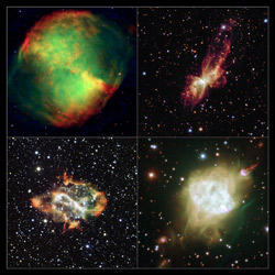 双極星雲の例。あれい星雲（左上）、NGC 6302（右上）、NGC 5189（左下）、フレミング1（右下）