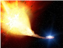 連星の片方から物質が白色矮星に流れこみ、Ia型超新星爆発が起こる