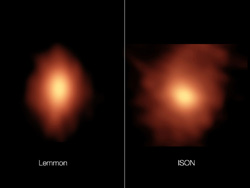 アルマ望遠鏡で観測した、レモン彗星（左）とアイソン彗星（右）におけるシアン化水素の分布