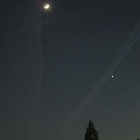月と金星と飛行機雲