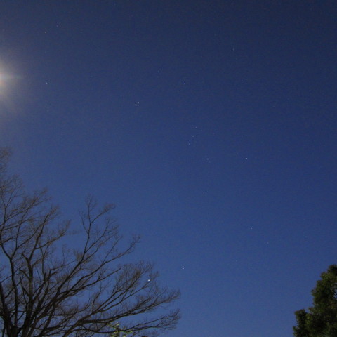 街中から見た月とオリオン座と冬の大三角