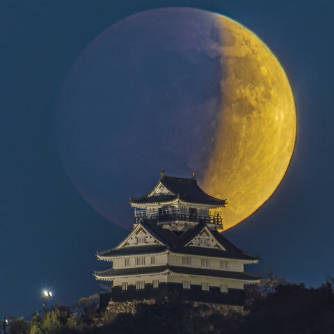 岐阜城と満月(部分月食)2021/11/19 