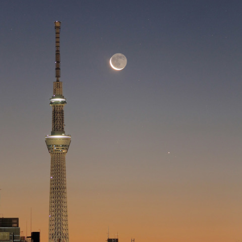 暁の空に輝く月と水星