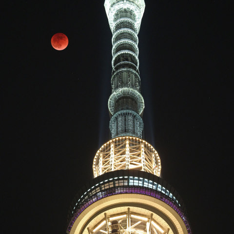 東京スカイツリー越しの皆既月食