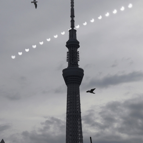 隅田川から望む部分日食