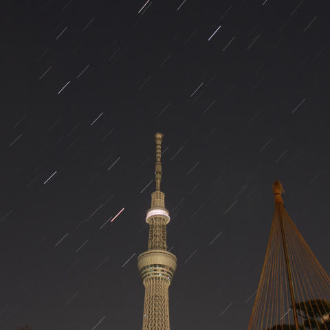スカイツリー背後に昇るしし座と火星