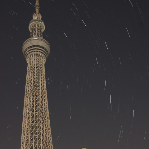 東京スカイツリーと昇る北斗七星
