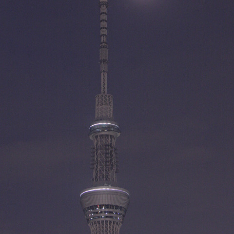 スカイツリーの立つ空に寄り添う月と金星（金星食後）