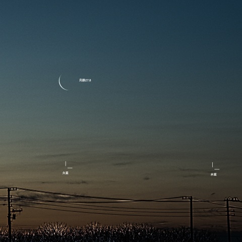 二十九日月(月齢27.8)と水星、火星との接近(2026.04.16)