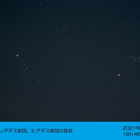火星とプレアデス星団、ヒアデス星団の接近