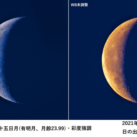 欠け際が青い月(有明月、月齢23.99)・彩度強調