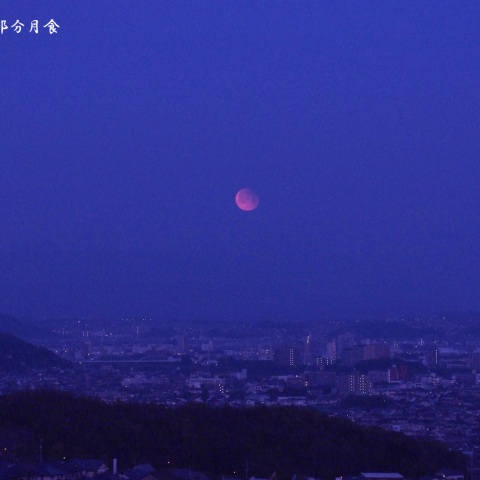 早暁の街に浮かぶ部分月食