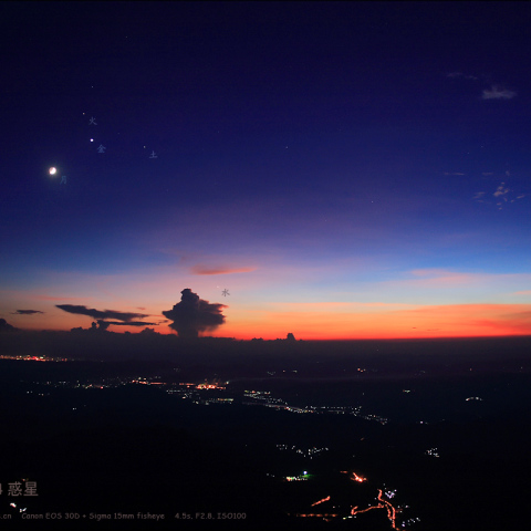 夏夕空の月と4惑星