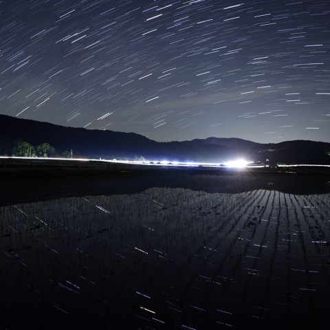 田に映る星空
