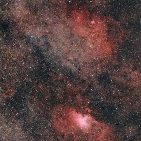 へび座の「Sh2-54 散光星雲」(上)と「M16 わし星雲」(下)