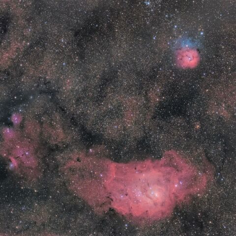 いて座の散光星雲「M20 三裂星雲」「M8 干潟星雲」「NGC6559 猫の手星雲」付近