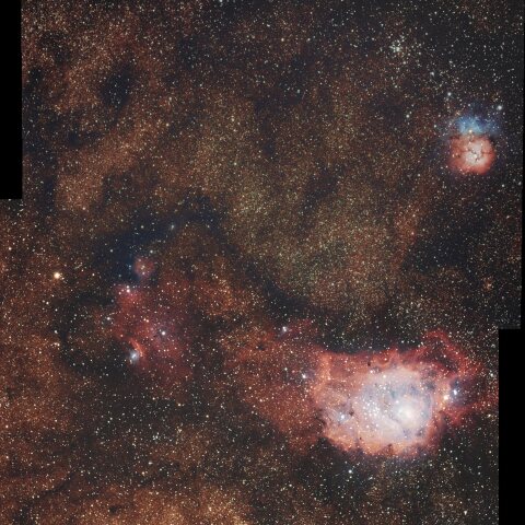 M20(三裂星雲)，M8(干潟星雲)～猫の手星雲　2枚モザイク