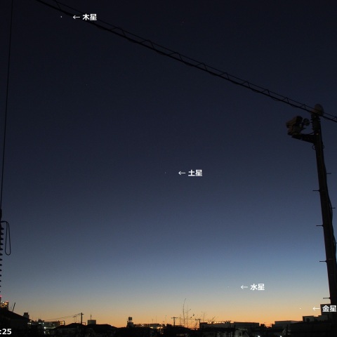 夕空に並ぶ水・木・金・土星
