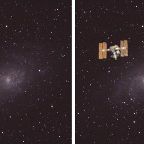 3D 宇宙ステーションと銀河