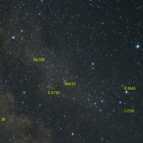 へび(尾)座付近の天の川と星団