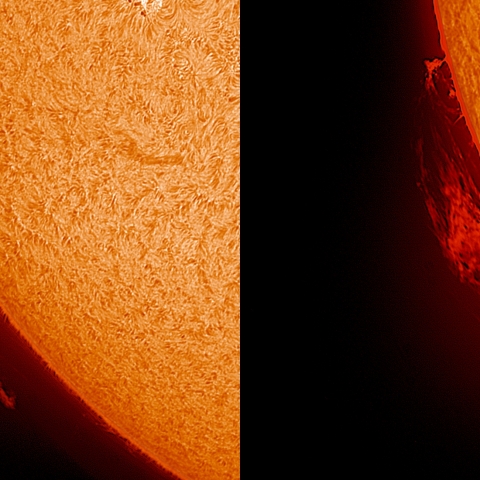 12/14  プロミネンス（一枚：左側と合成：右側の比較画像）