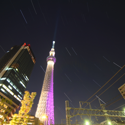 スカイツリーと沈みゆく冬の星々
