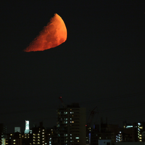 丹沢山系に沈む月