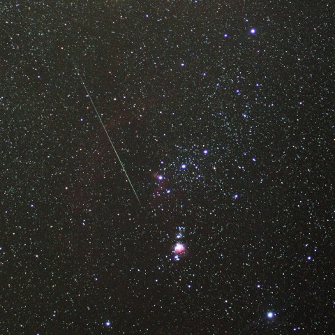 オリオン座中心部を横切るふたご座流星群