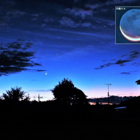 夜明け前の三日月と木星