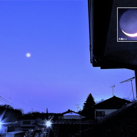 夕方の西空の月・火星・水星