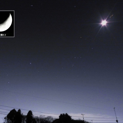 月とオリオン座・冬の大三角形