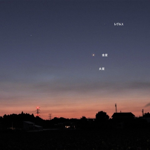 夜明け前の金星と火星・レグルス